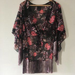 Anna Sui Hibiscus Island Fringe Tie Front Top Women Black Multi SzM RN#8212149